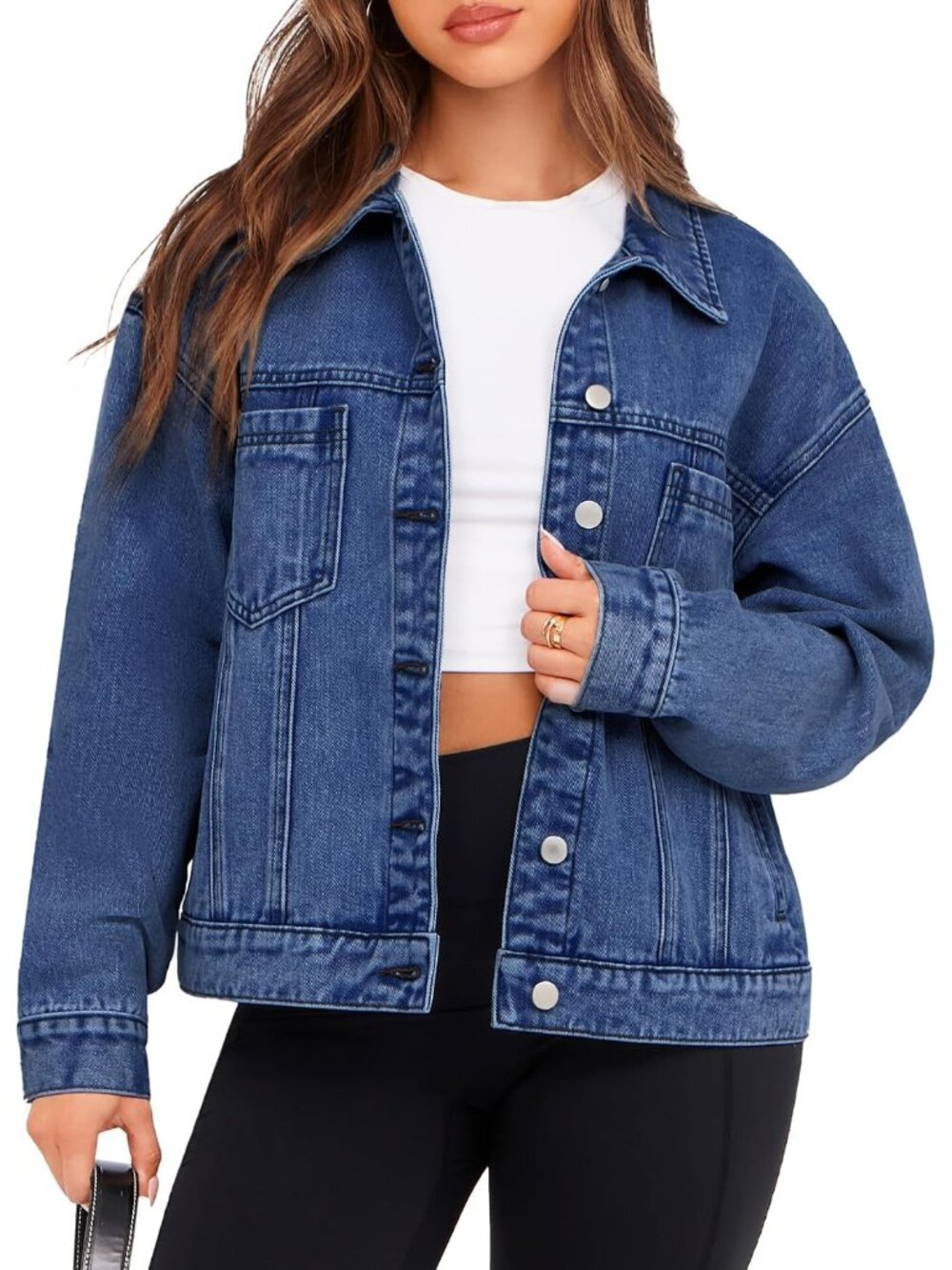 Women's Denim Blue Oversized Jean Jacket Casual Long Sleeve Button Down Jacket
